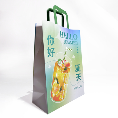 Custom Flat Handle  Paper Bag Restaurant Delivery Take Out Packaging Carry Kraft Takeaway Food Paper Bag